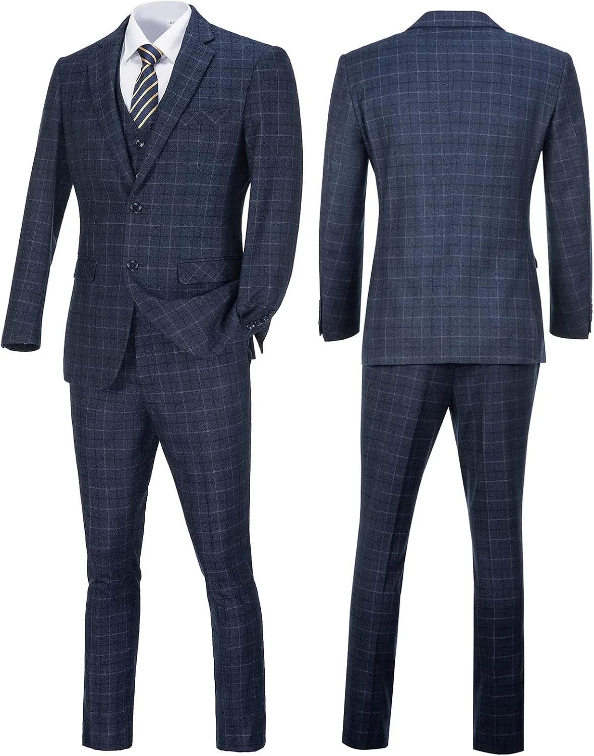Mens Suit Plaid Slim Fit 3 Pieces Checked Casual Tuxedo Formal Suits for Men Wedding Business Party Blazer Vest Pants Set