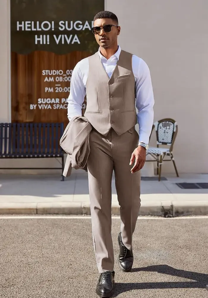 Men's Suits 3 Piece Slim Fit Dress Tuxedo for Men Two Button Solid Jacket Vest Pants Set