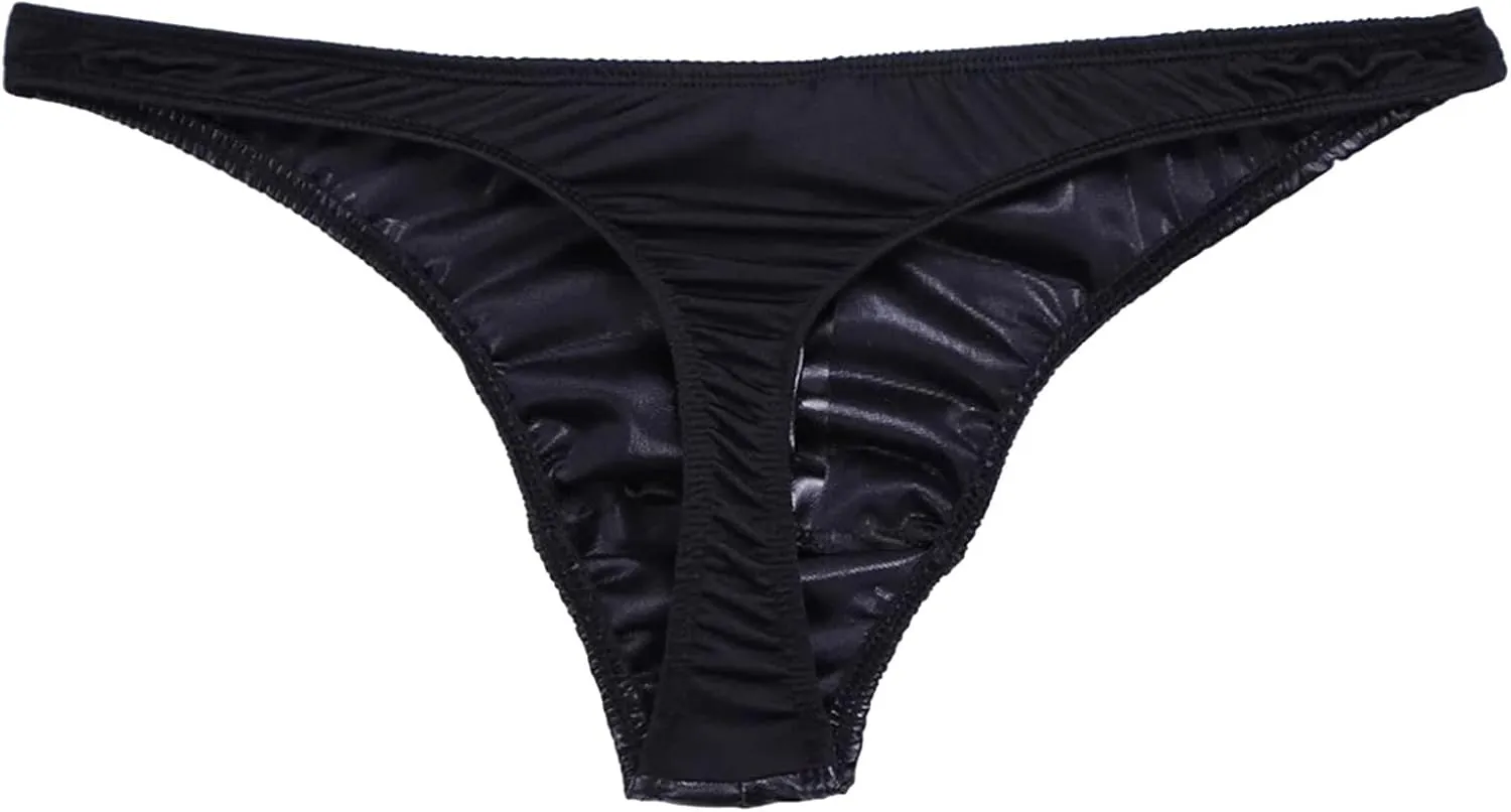 Men's Underwear Faux Leather Thong Underwear G-String with Pouch Butt-Flaunting Gym Low Rise Brief