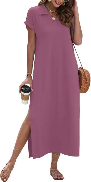 MISFAY Womens Summer Maxi Dresses 2025 Casual Short Sleeves V Neck Long Shirt Dress Loose Split Vacation Collared Sundresses
