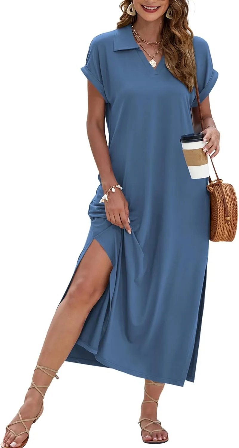 MISFAY Womens Summer Maxi Dresses 2025 Casual Short Sleeves V Neck Long Shirt Dress Loose Split Vacation Collared Sundresses