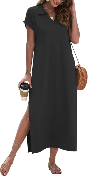 MISFAY Womens Summer Maxi Dresses 2025 Casual Short Sleeves V Neck Long Shirt Dress Loose Split Vacation Collared Sundresses