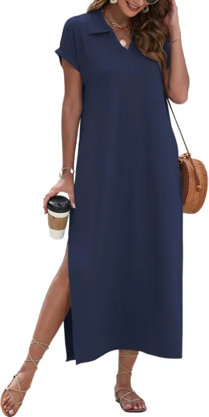 MISFAY Womens Summer Maxi Dresses 2025 Casual Short Sleeves V Neck Long Shirt Dress Loose Split Vacation Collared Sundresses