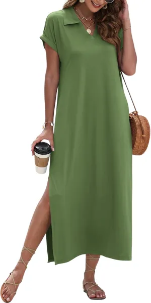 MISFAY Womens Summer Maxi Dresses 2025 Casual Short Sleeves V Neck Long Shirt Dress Loose Split Vacation Collared Sundresses