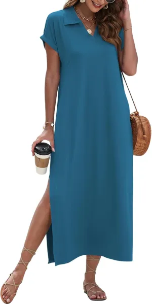 MISFAY Womens Summer Maxi Dresses 2025 Casual Short Sleeves V Neck Long Shirt Dress Loose Split Vacation Collared Sundresses