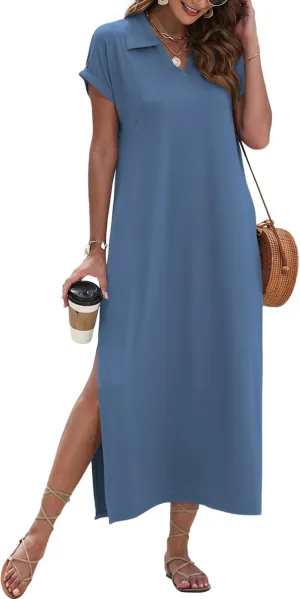 MISFAY Womens Summer Maxi Dresses 2025 Casual Short Sleeves V Neck Long Shirt Dress Loose Split Vacation Collared Sundresses