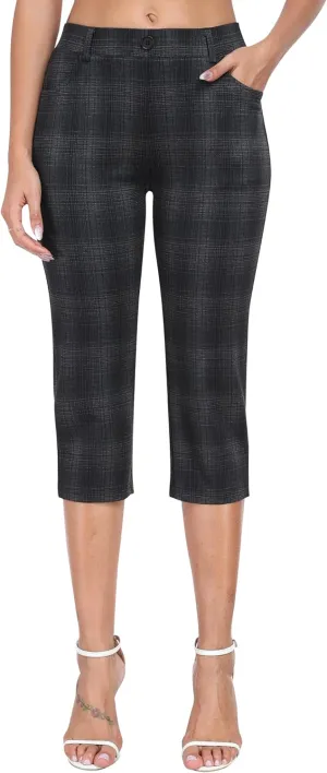 MoFiz Women's Capri Pants Summer Pull-On Stretch Straight Leg Golf Yoga & Business Casual Dressy Cropped Pants with Pockets