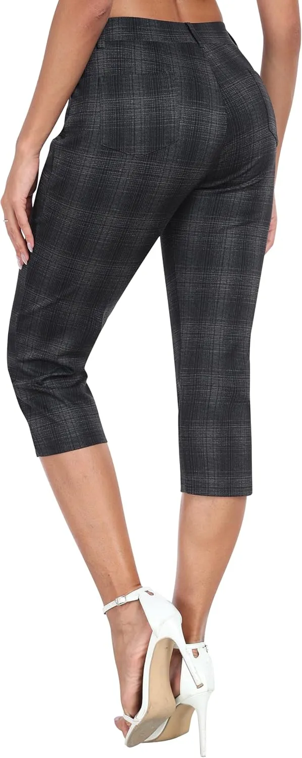 MoFiz Women's Capri Pants Summer Pull-On Stretch Straight Leg Golf Yoga & Business Casual Dressy Cropped Pants with Pockets