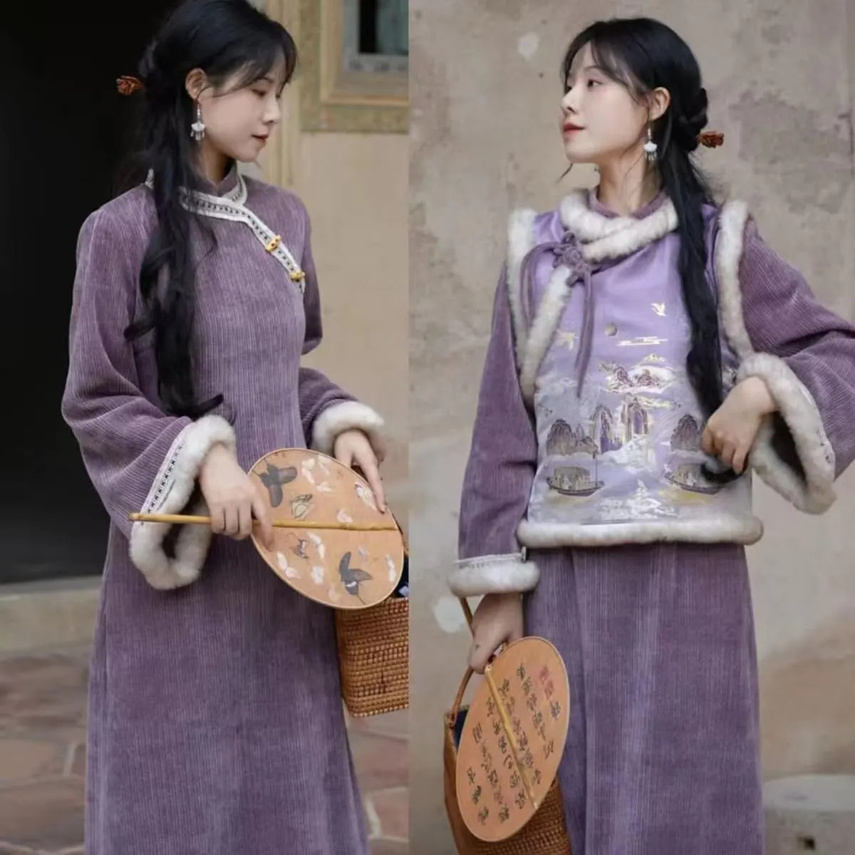 NCDUANSAN Chinese Style Long Sleeved Thick Cheongsam, Spring and Autumn Women's Retro Embroidered Vest Long Skirt