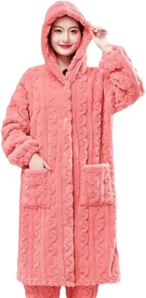 New Women's Plush Thickened Hooded Large Size Pajama Set - Comfortable and Warm, Loose Casual Design, Ideal for Autumn and Winter Home Loungewear Pink