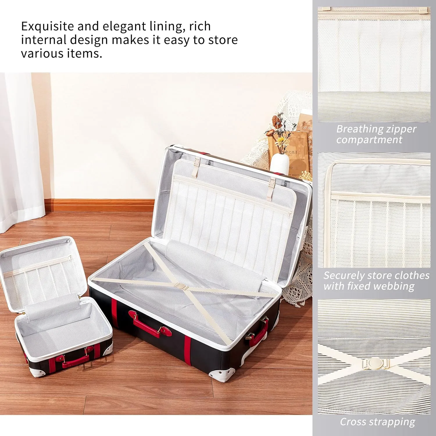 NZBZ Vintage Luggage Set of 2 Pieces, Lightweight Hardside Spinner Suitcase with TSA Lock and 8 Wheels (Elegant Black, 14inch & 28inch)