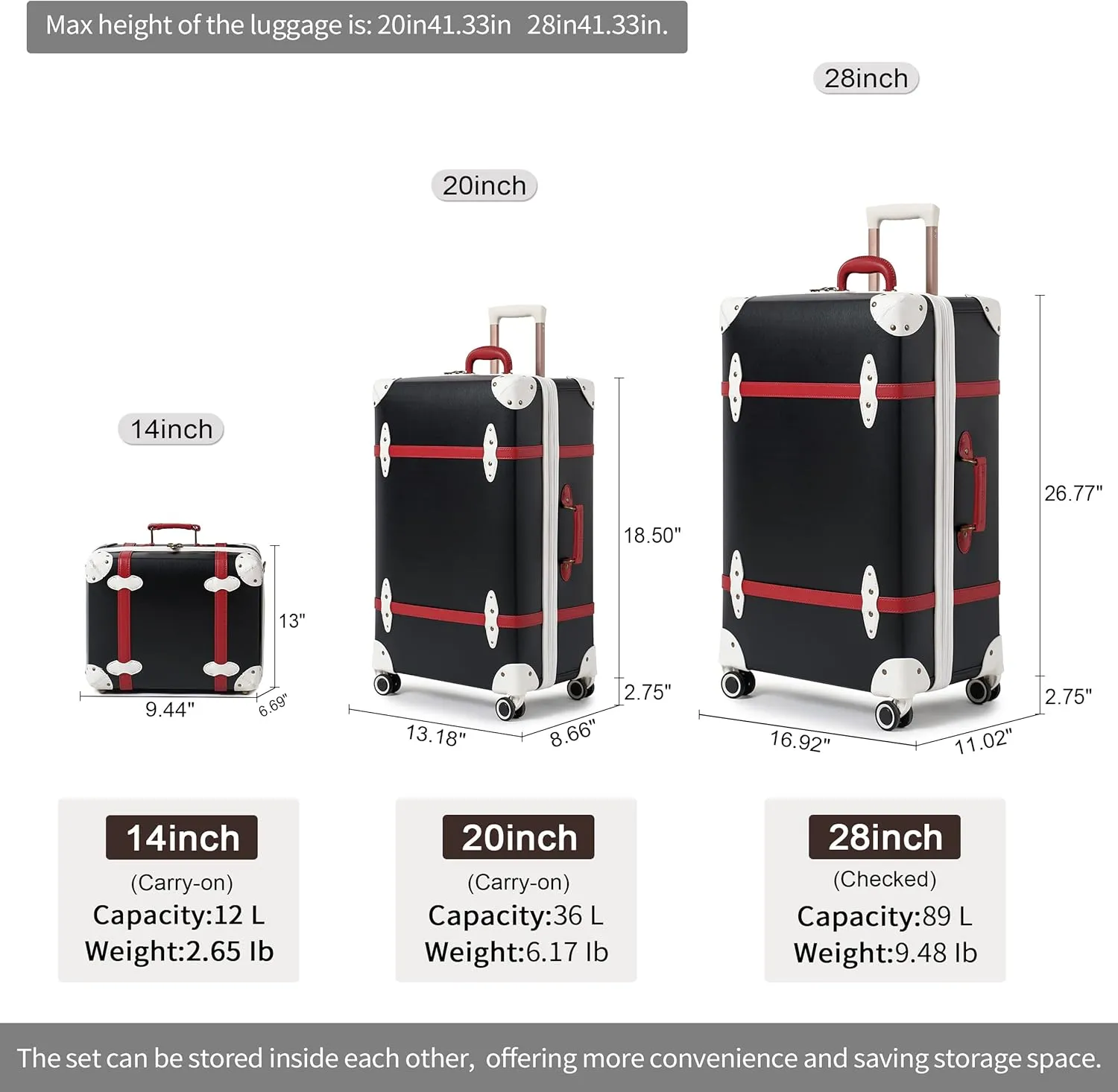NZBZ Vintage Luggage Set of 2 Pieces, Lightweight Hardside Spinner Suitcase with TSA Lock and 8 Wheels (Elegant Black, 14inch & 28inch)