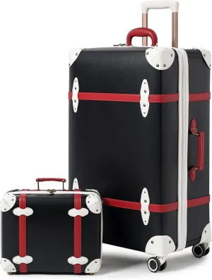 NZBZ Vintage Luggage Set of 2 Pieces, Lightweight Hardside Spinner Suitcase with TSA Lock and 8 Wheels (Elegant Black, 14inch & 28inch)