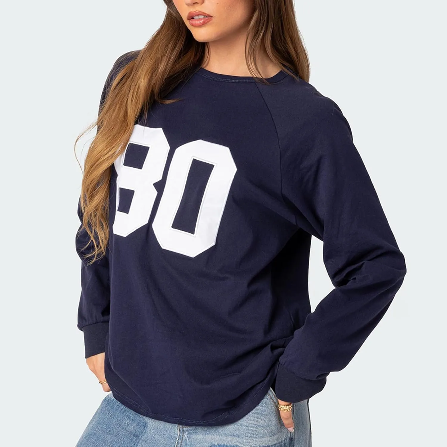 Oversized Number Jersey Sweatshirt Women Y2k Graphic Long Sleeve Shirts Vintage Loose Fit Crewneck Pullover Top