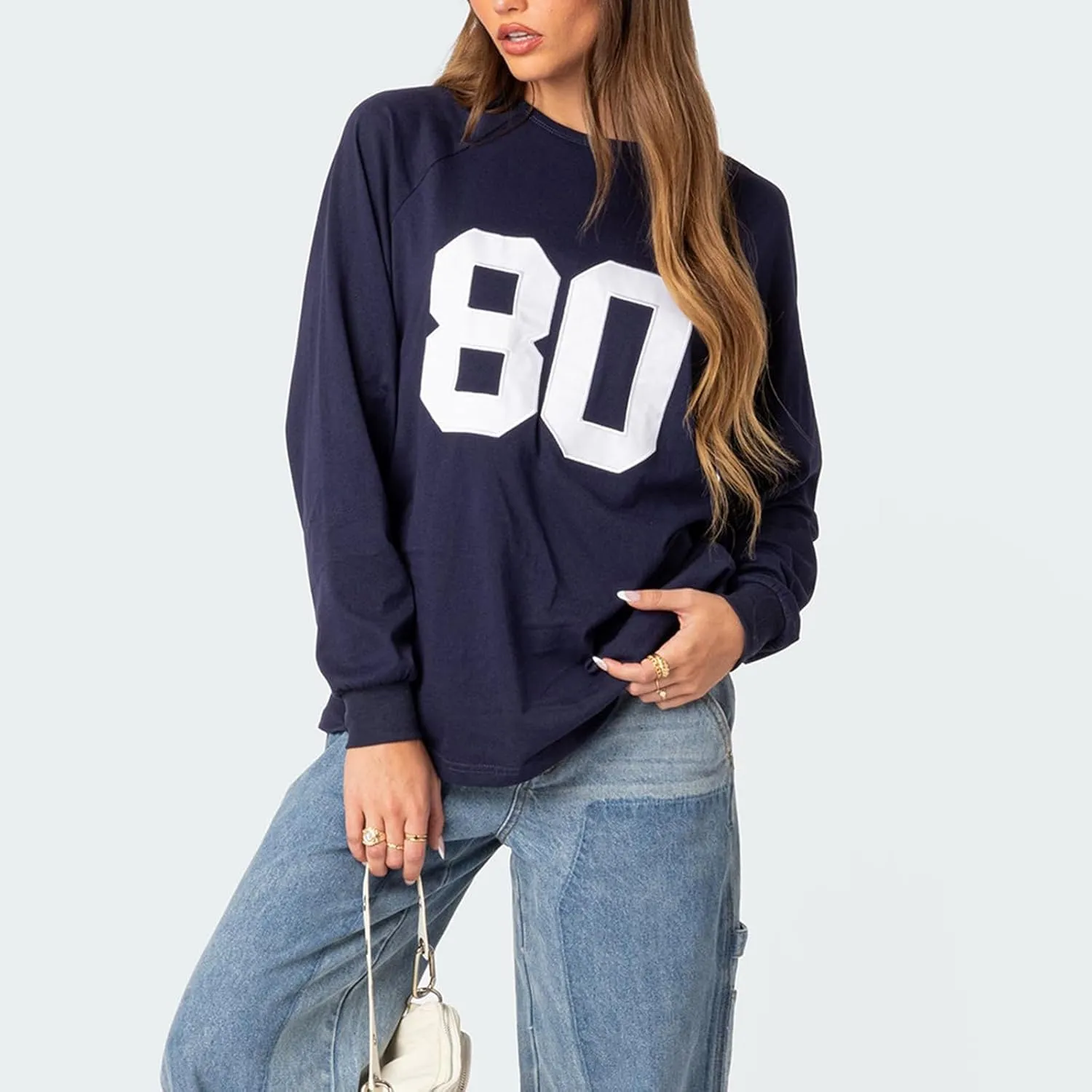 Oversized Number Jersey Sweatshirt Women Y2k Graphic Long Sleeve Shirts Vintage Loose Fit Crewneck Pullover Top