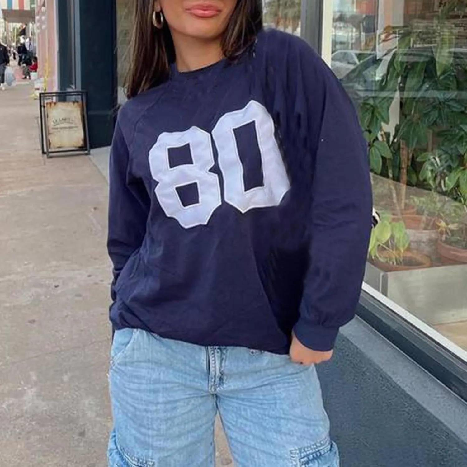 Oversized Number Jersey Sweatshirt Women Y2k Graphic Long Sleeve Shirts Vintage Loose Fit Crewneck Pullover Top