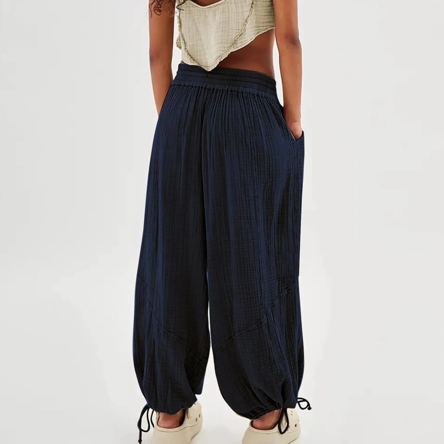 Pants for Women Elastic Waist Straight Leg Baggy Beach Trousers Casual High Waist Drawstring Sweatpants with Pockets