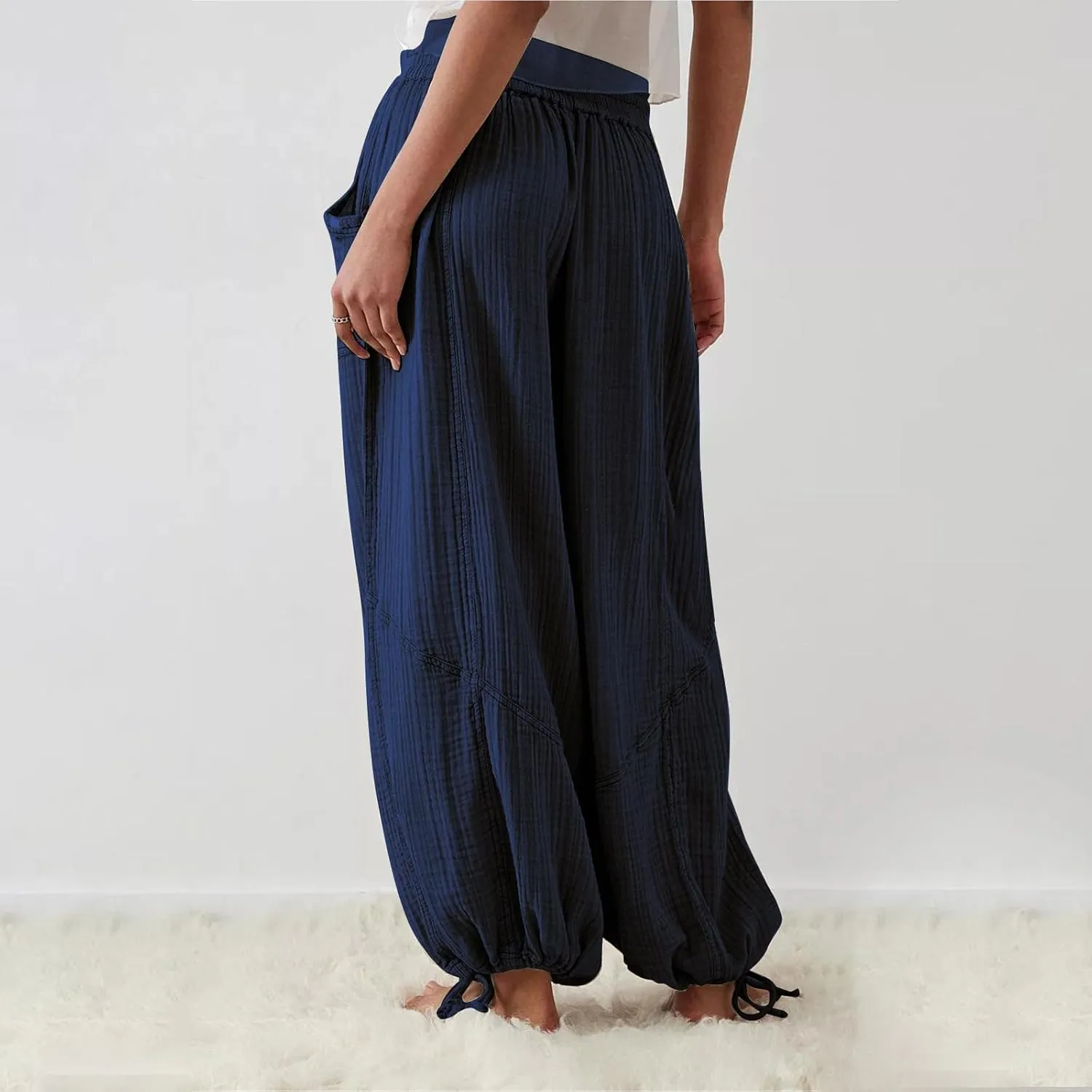 Pants for Women Elastic Waist Straight Leg Baggy Beach Trousers Casual High Waist Drawstring Sweatpants with Pockets