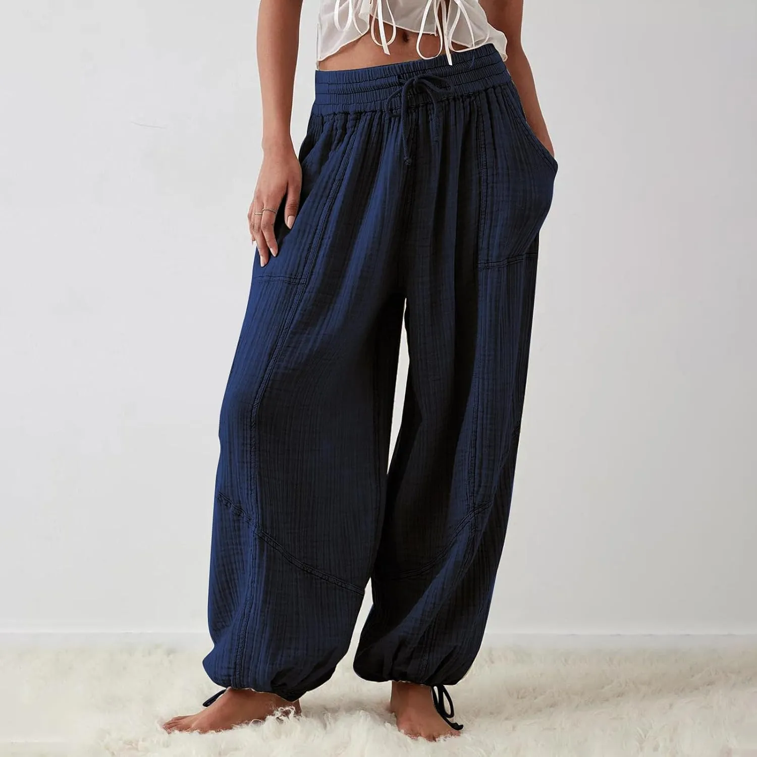 Pants for Women Elastic Waist Straight Leg Baggy Beach Trousers Casual High Waist Drawstring Sweatpants with Pockets