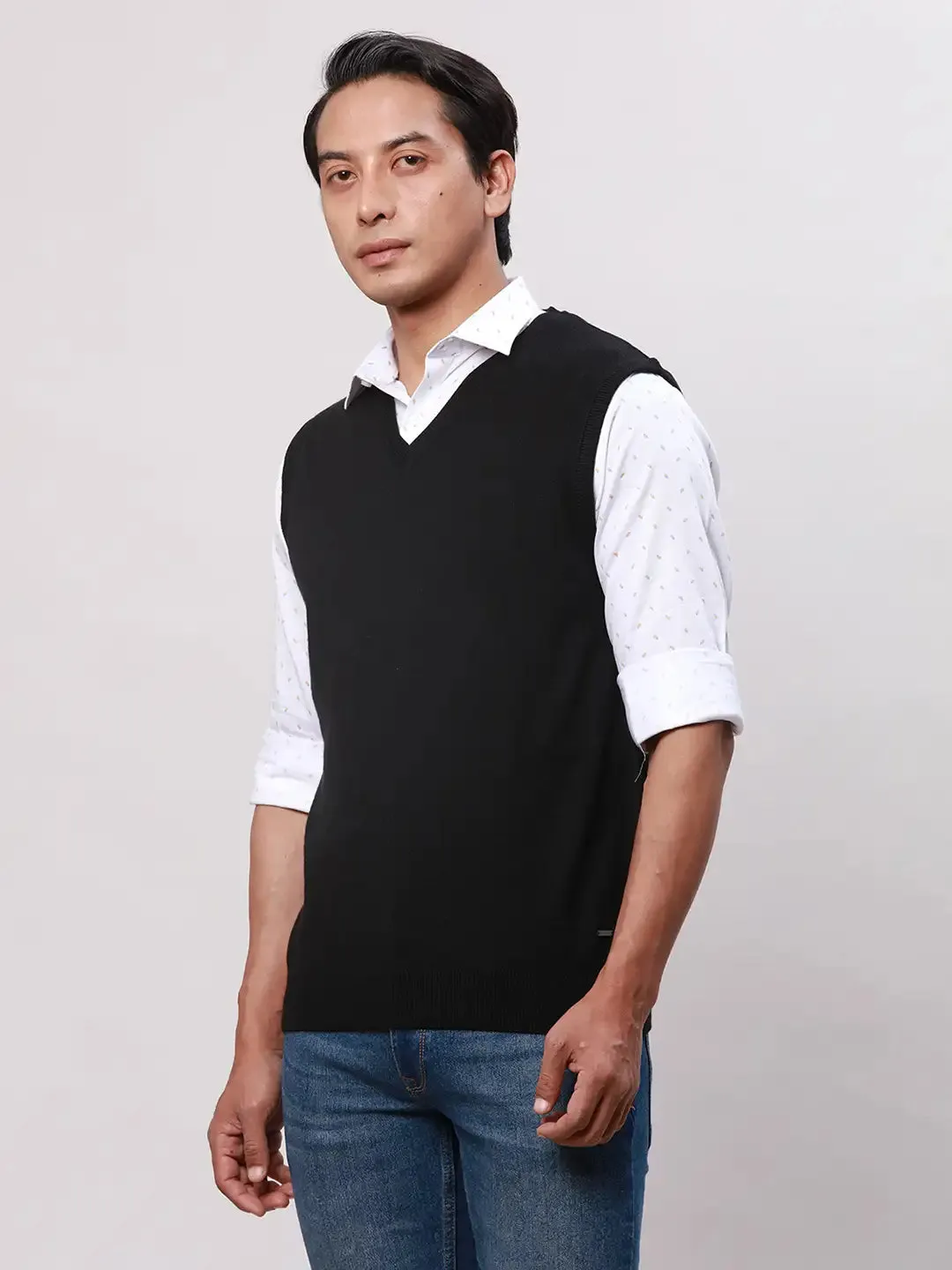 Park Avenue Men Black Solid Regular Acrylic Blend Sleeveless Pullover