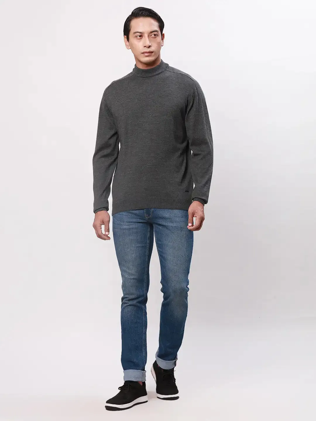 Park Avenue Men Black Solid Regular Wool Blend Full Sleeve Pullover