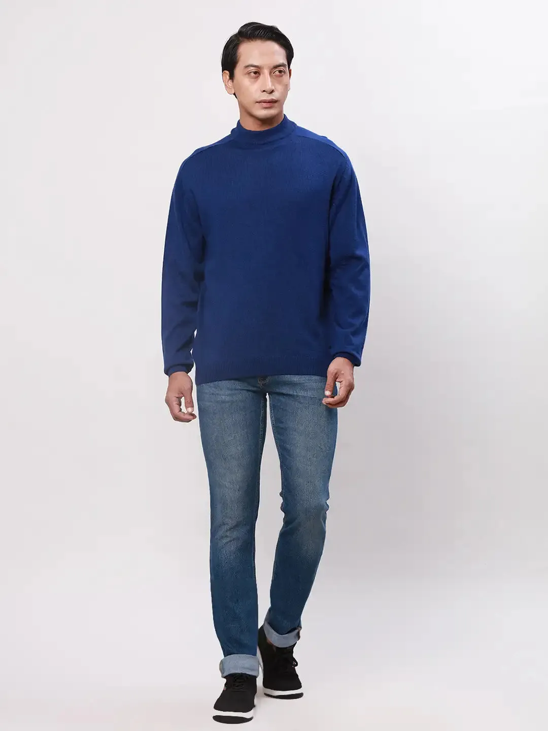 Park Avenue Men Blue Solid Regular Wool Blend Full Sleeve Pullover