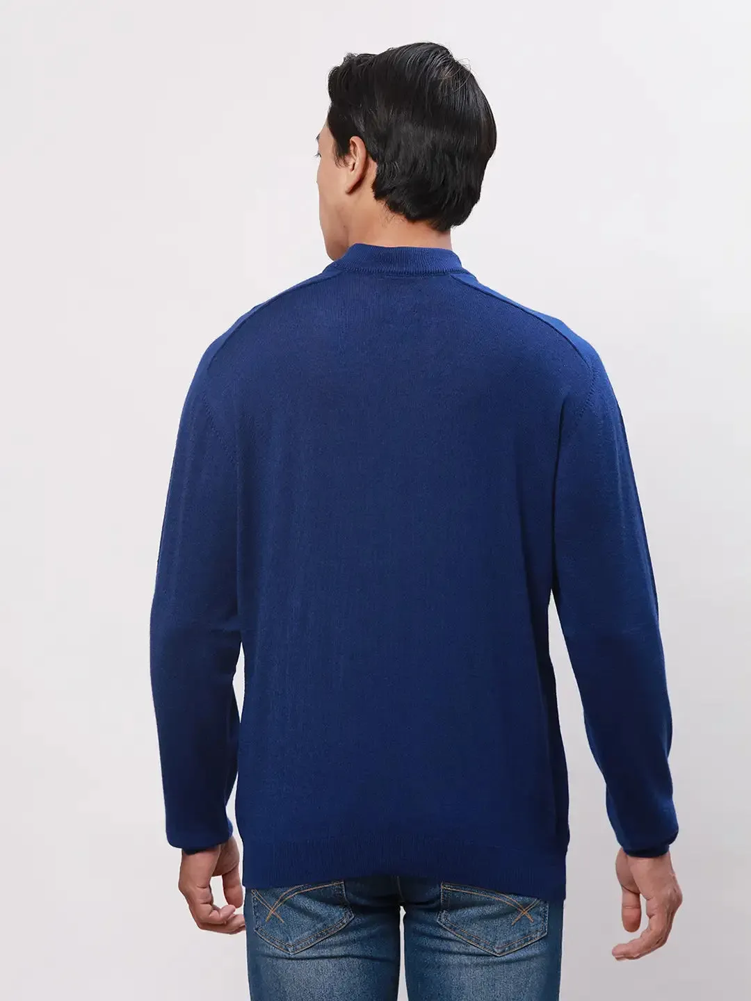 Park Avenue Men Blue Solid Regular Wool Blend Full Sleeve Pullover