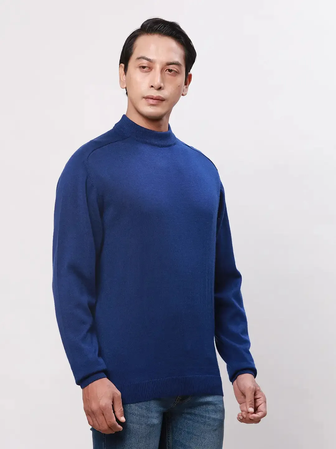 Park Avenue Men Blue Solid Regular Wool Blend Full Sleeve Pullover