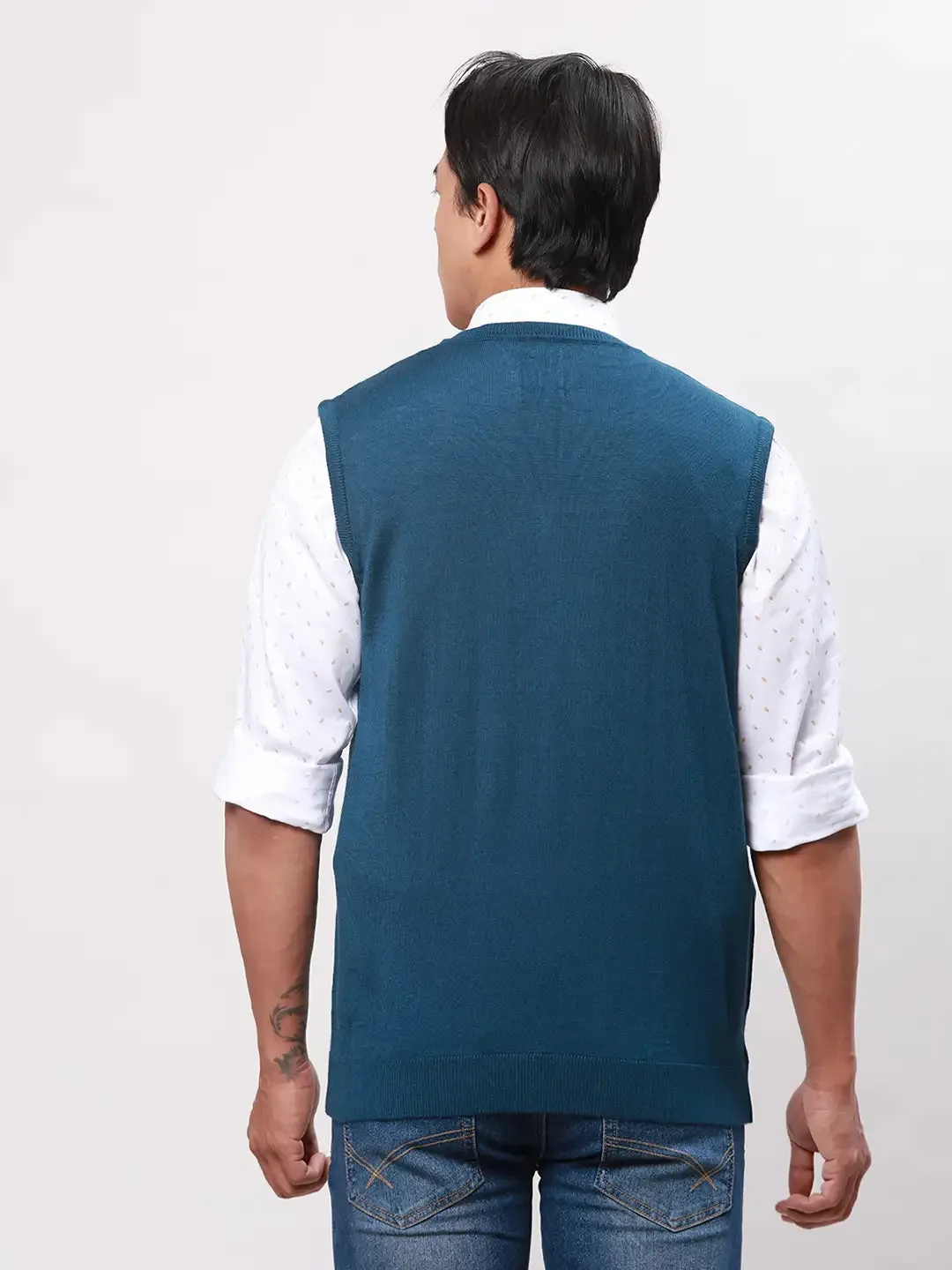 Park Avenue Men Green Solid Regular Acrylic Blend Sleeveless Pullover