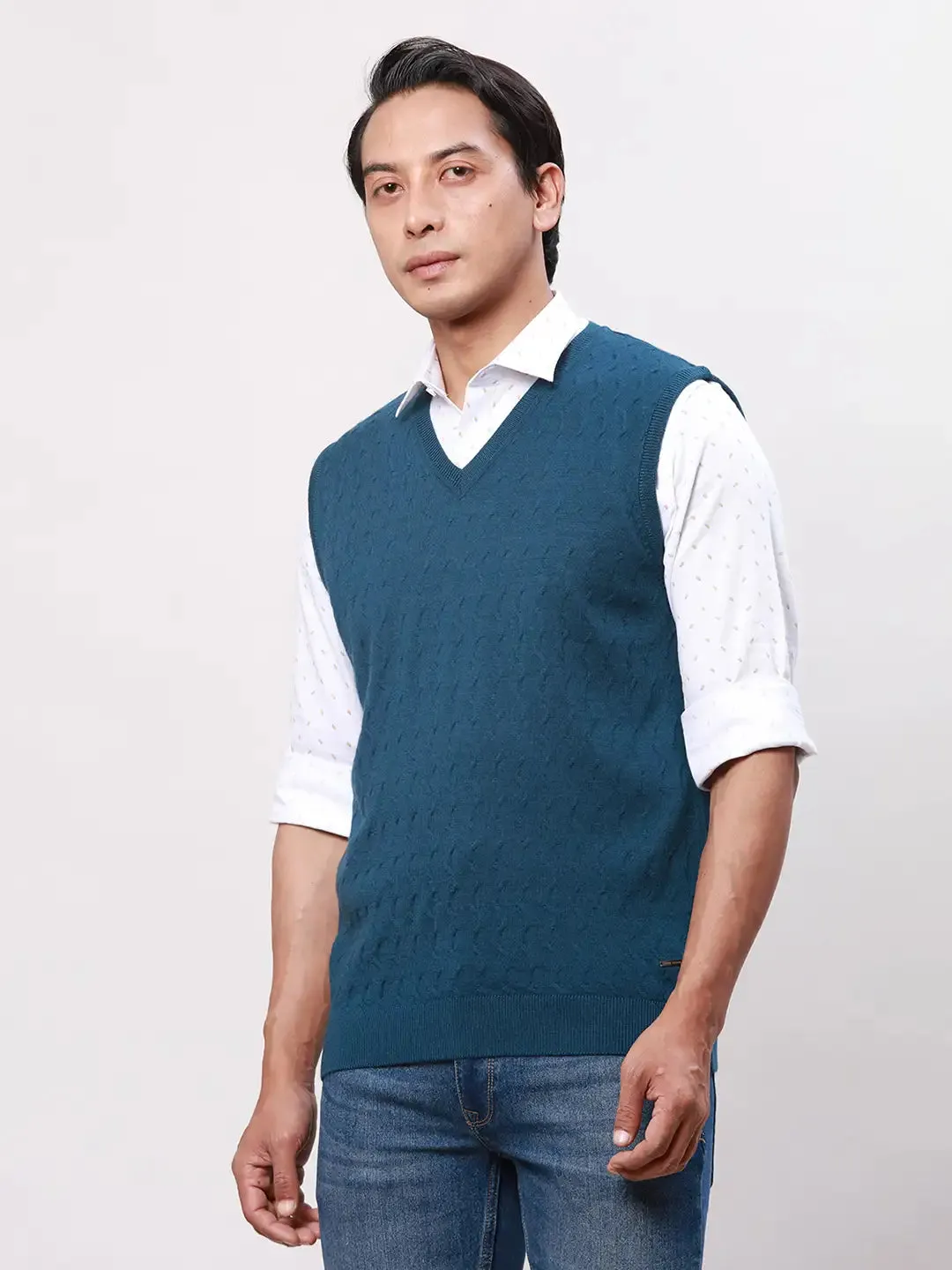 Park Avenue Men Green Solid Regular Acrylic Blend Sleeveless Pullover