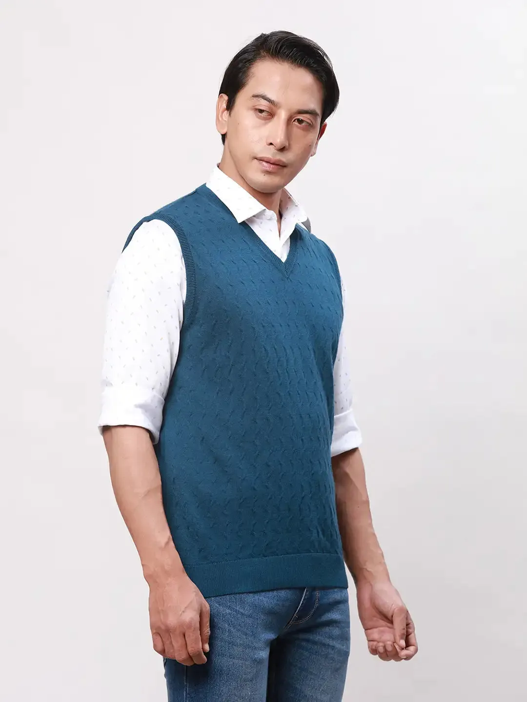 Park Avenue Men Green Solid Regular Acrylic Blend Sleeveless Pullover