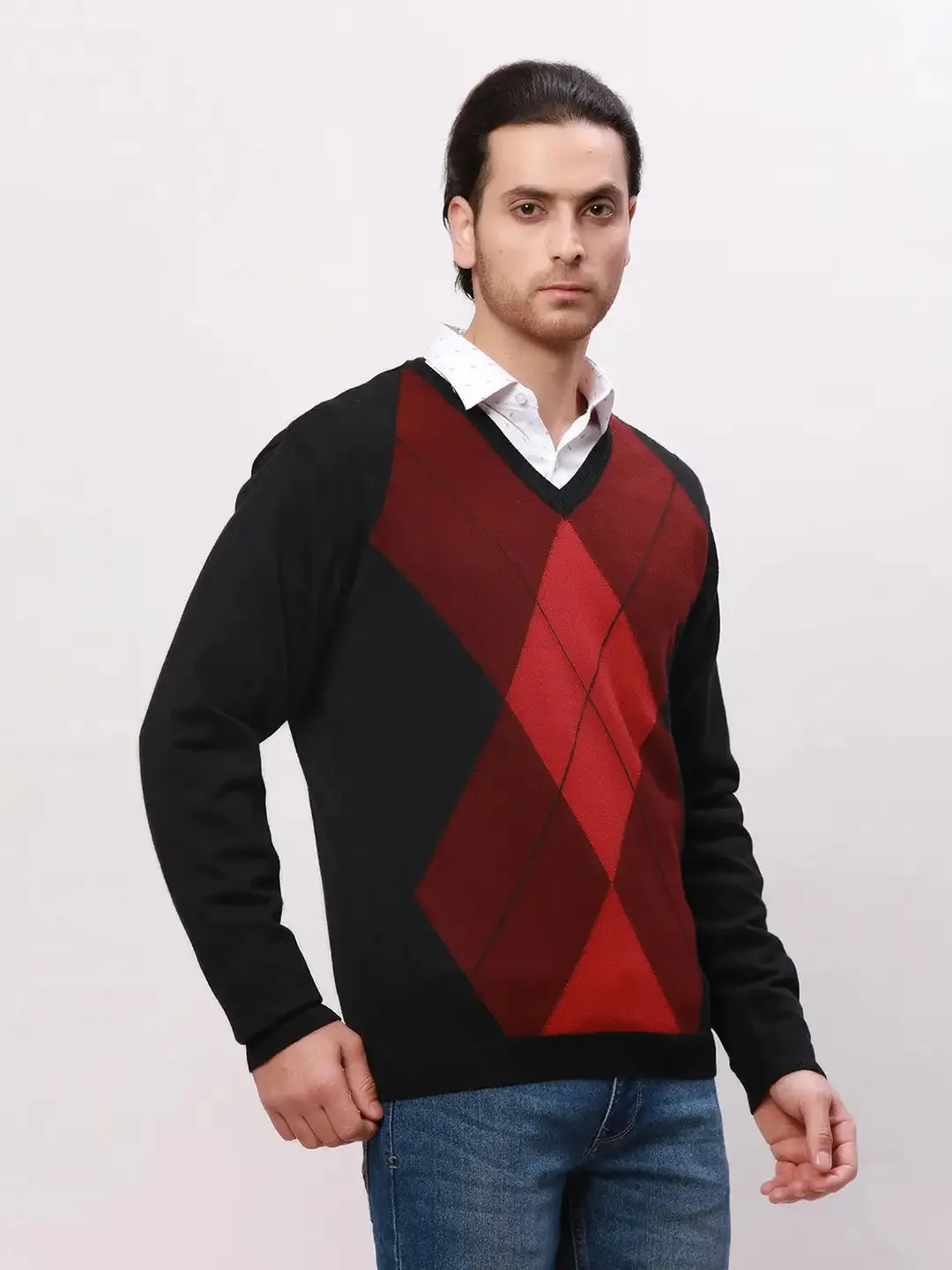 Park Avenue Men Red Argyle Regular Acrylic Blend Full Sleeve Pullover