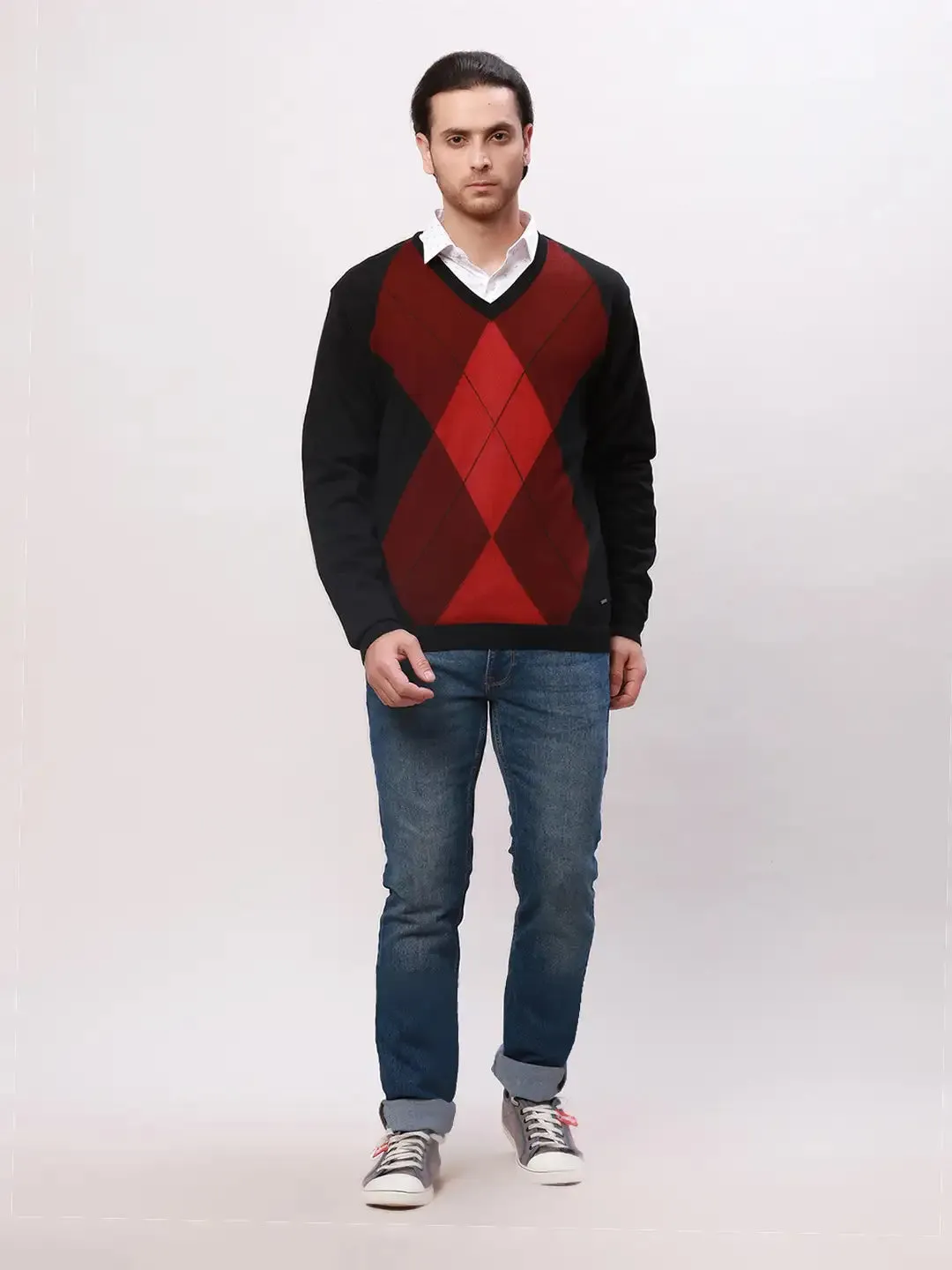 Park Avenue Men Red Argyle Regular Acrylic Blend Full Sleeve Pullover