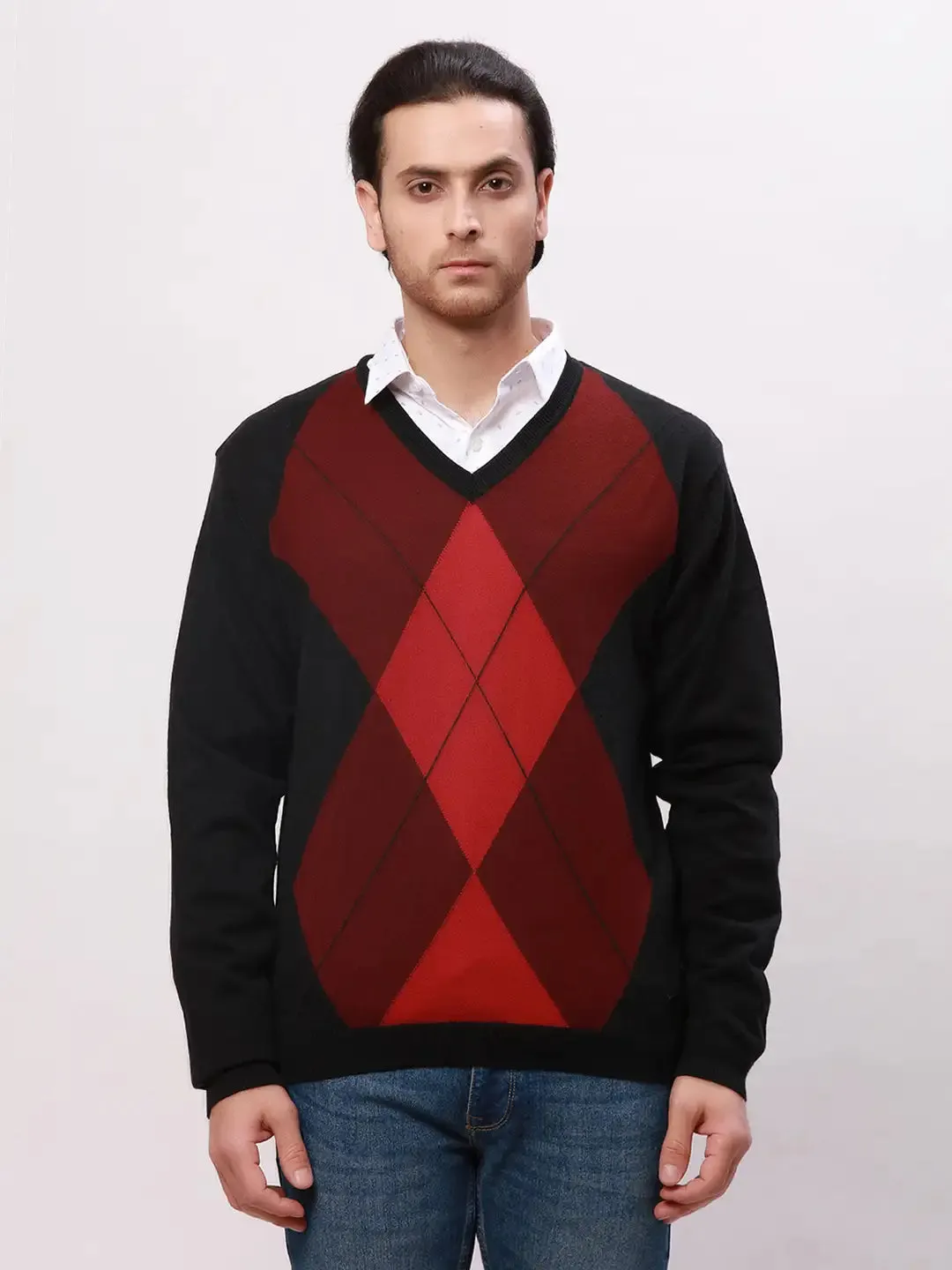 Park Avenue Men Red Argyle Regular Acrylic Blend Full Sleeve Pullover