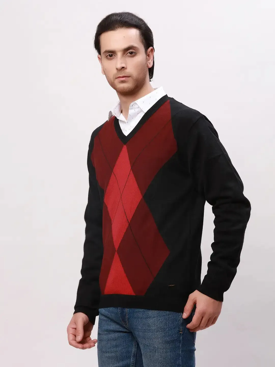 Park Avenue Men Red Argyle Regular Acrylic Blend Full Sleeve Pullover