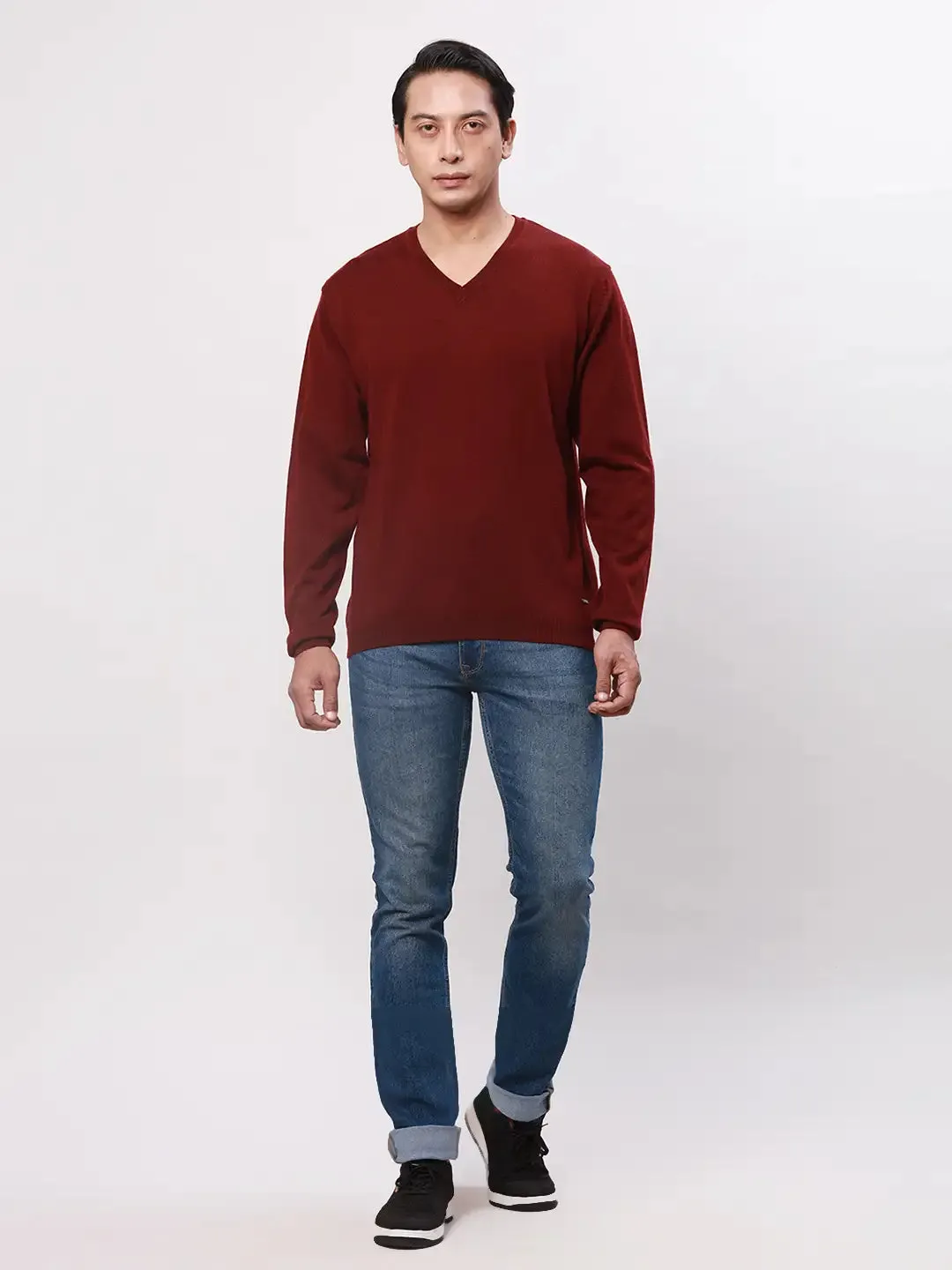 Park Avenue Men Red Solid Regular Acrylic Blend Full Sleeve Pullover
