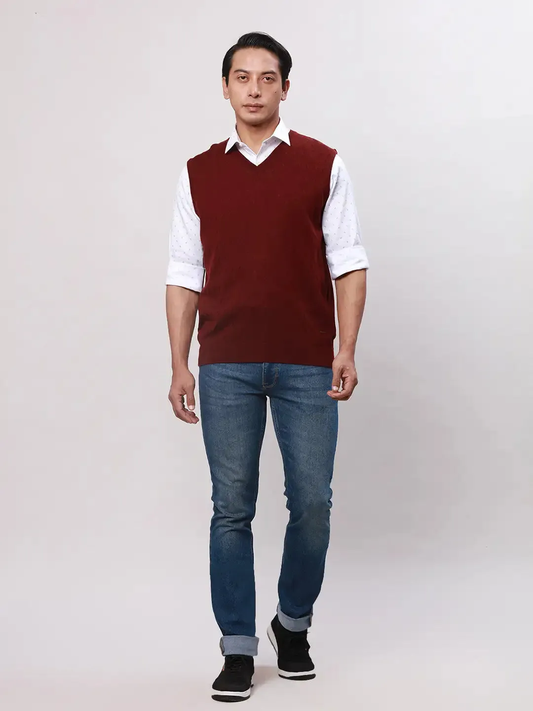 Park Avenue Men Red Solid Regular Acrylic Blend Sleeveless Pullover