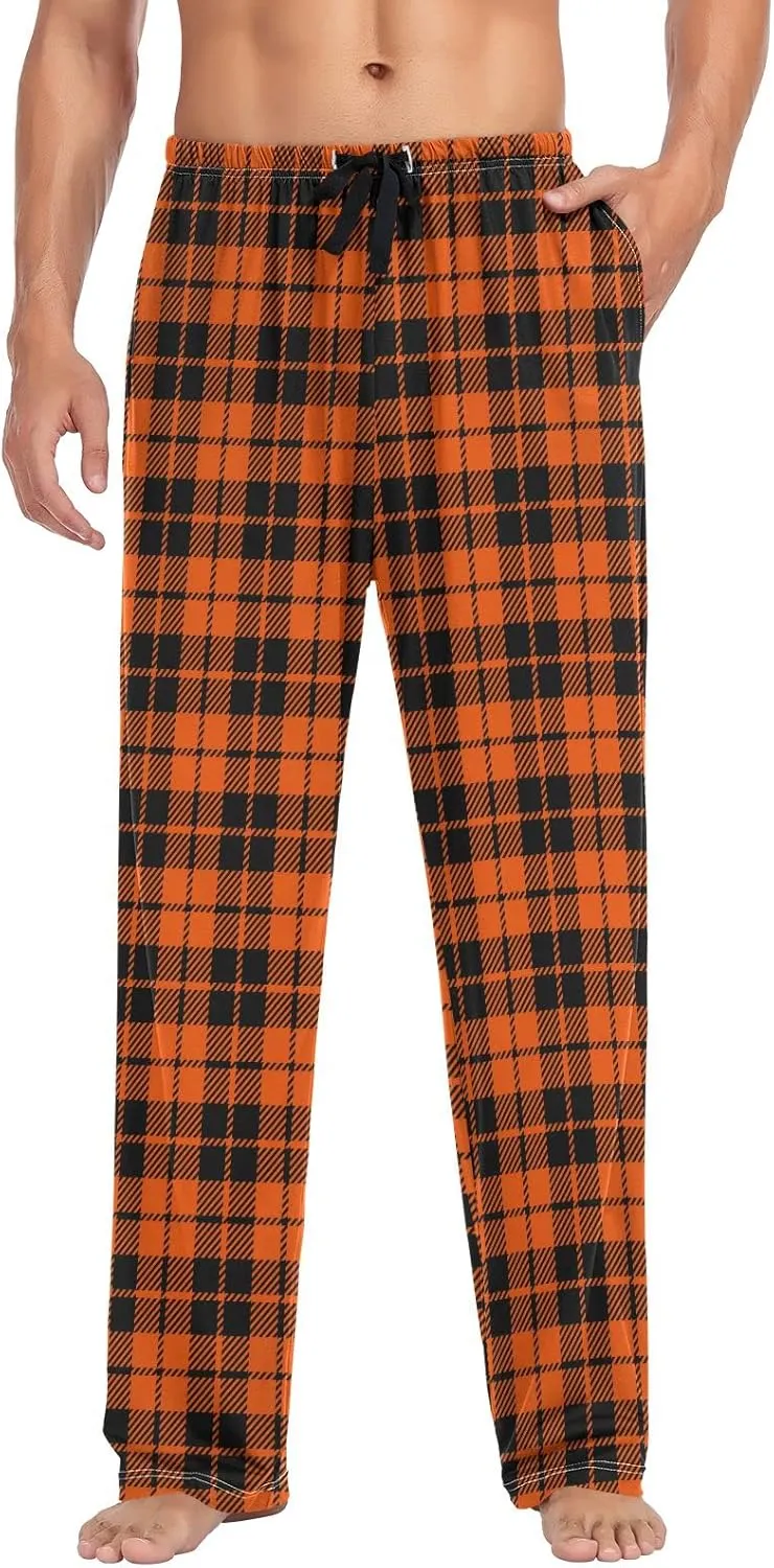 Plaaee Mens Pajama Pants Orange and Black Halloween Tartan Plaid Scottish Sleep Pants Pj Bottoms Lounge Pant Sweatpants S