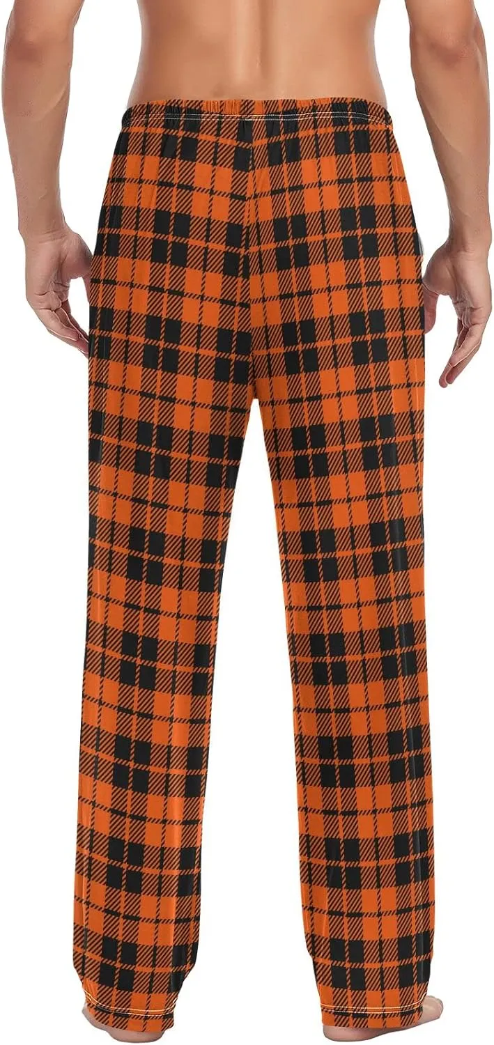 Plaaee Mens Pajama Pants Orange and Black Halloween Tartan Plaid Scottish Sleep Pants Pj Bottoms Lounge Pant Sweatpants S