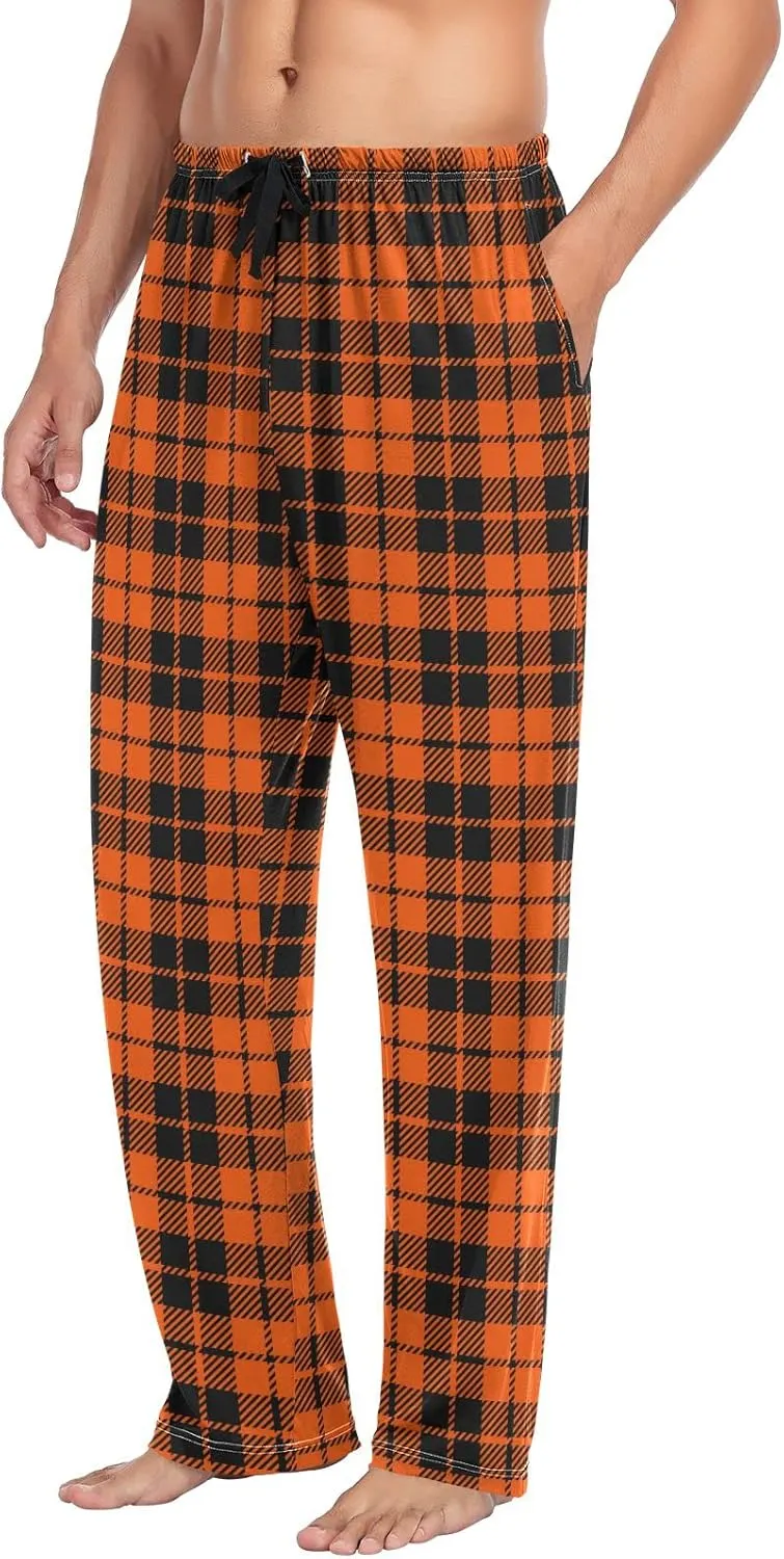 Plaaee Mens Pajama Pants Orange and Black Halloween Tartan Plaid Scottish Sleep Pants Pj Bottoms Lounge Pant Sweatpants S