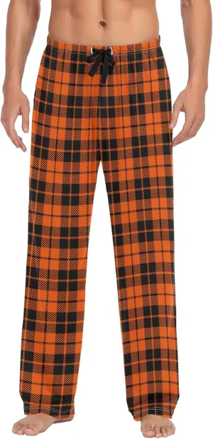 Plaaee Mens Pajama Pants Orange and Black Halloween Tartan Plaid Scottish Sleep Pants Pj Bottoms Lounge Pant Sweatpants S