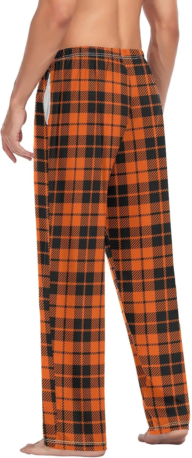 Plaaee Mens Pajama Pants Orange and Black Halloween Tartan Plaid Scottish Sleep Pants Pj Bottoms Lounge Pant Sweatpants S