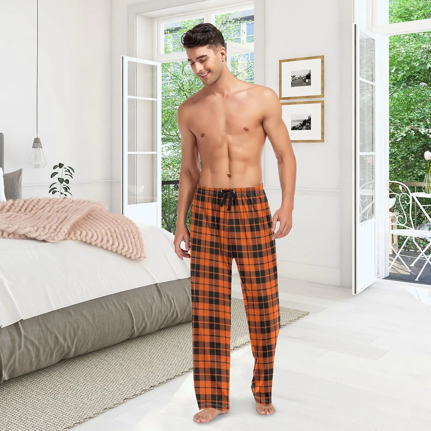 Plaaee Mens Pajama Pants Orange and Black Halloween Tartan Plaid Scottish Sleep Pants Pj Bottoms Lounge Pant Sweatpants S