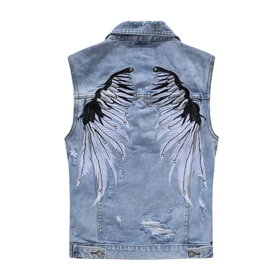 Punk Men Ripped Denim Vests / Blue Rock Style Embroidery Waistcoat / Male Sleeveless Clothing