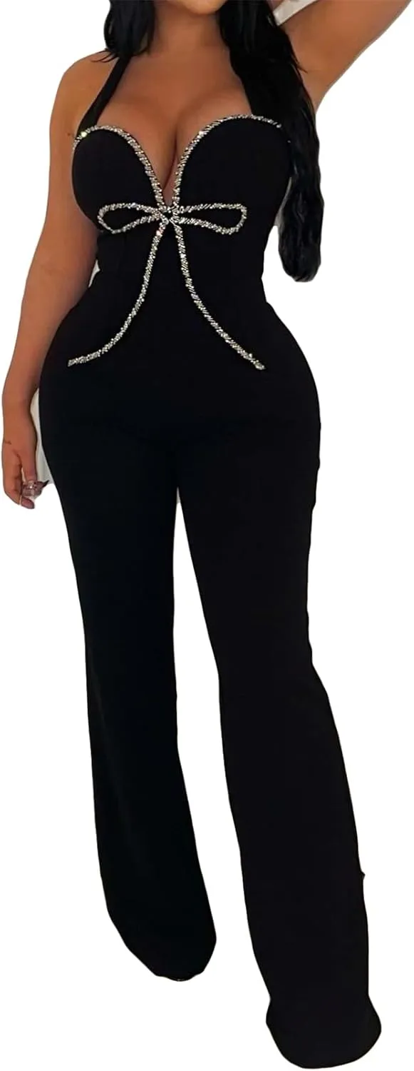 Qikaka Women's Sleeveless Bowknot Bodycon Pants Sexy Nightclub Party Jumpsuit Rompers
