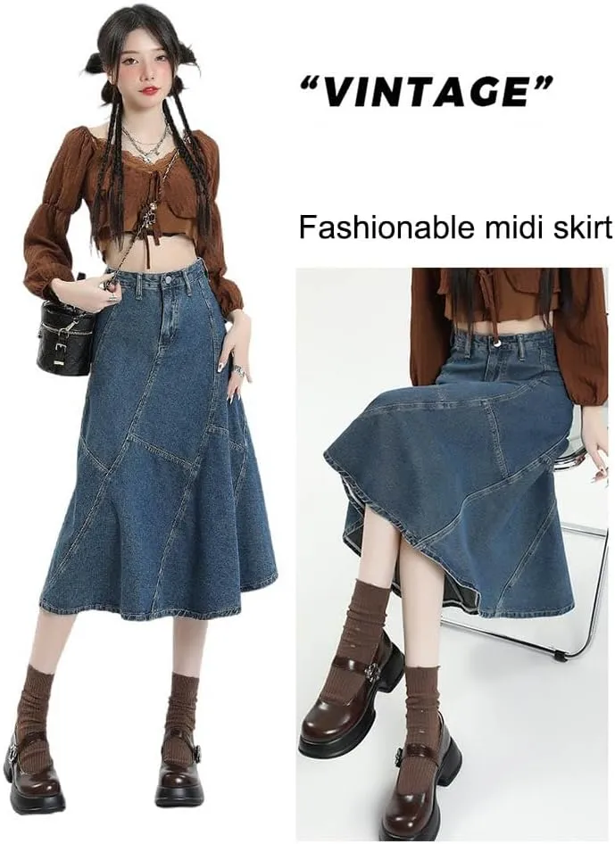 Retro high Waisted Denim Skirt with Women's Patchwork Design, Elegant mid Length Fish Tail Skirt
