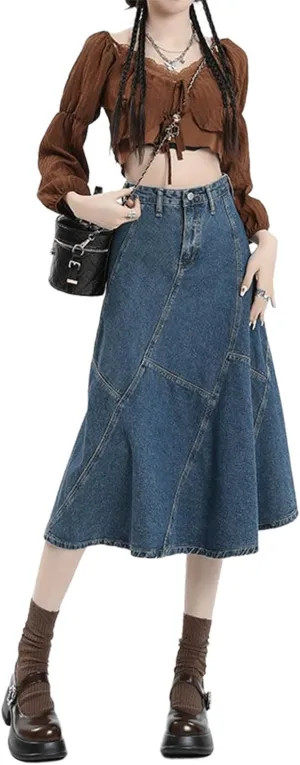 Retro high Waisted Denim Skirt with Women's Patchwork Design, Elegant mid Length Fish Tail Skirt