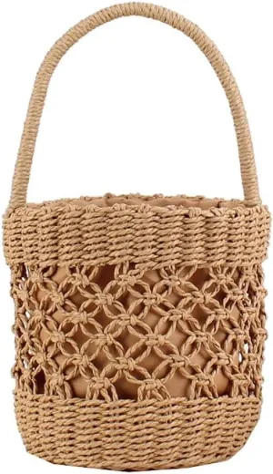 Round Bucket Bag Top Handle Satchel Straw Handbag Shoulder Bags, One Color, One Size