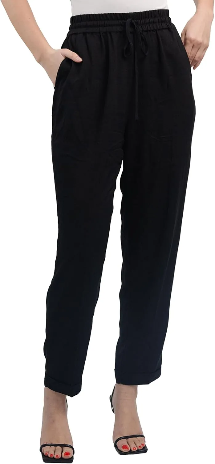 SANDY & SID Womens Pants Baggy Drawstring Pleated High Rise Slant Pockets Straight Leg Pants Work Office Business