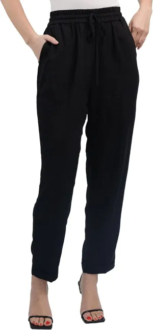 SANDY & SID Womens Pants Baggy Drawstring Pleated High Rise Slant Pockets Straight Leg Pants Work Office Business